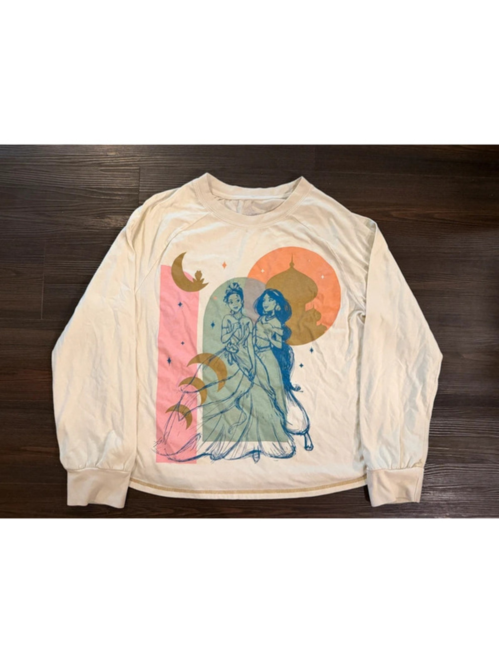 Disney Princesses Tiana Jasmine Sketch Colors Cream Long Sleeve T Shirt Sz L